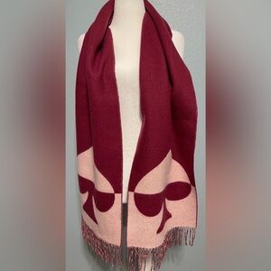 Kate Spade Wool Cashmere Oversized Oblong Scarf Fringe Pink Burgundy One Size